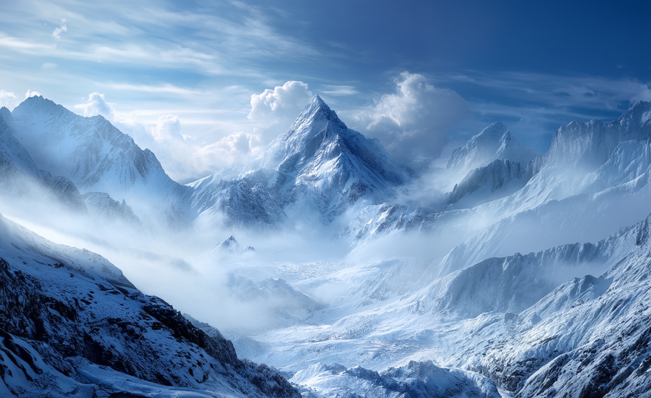 Snow-covered mountain peaks under a pale sky, wind lifting spindrift