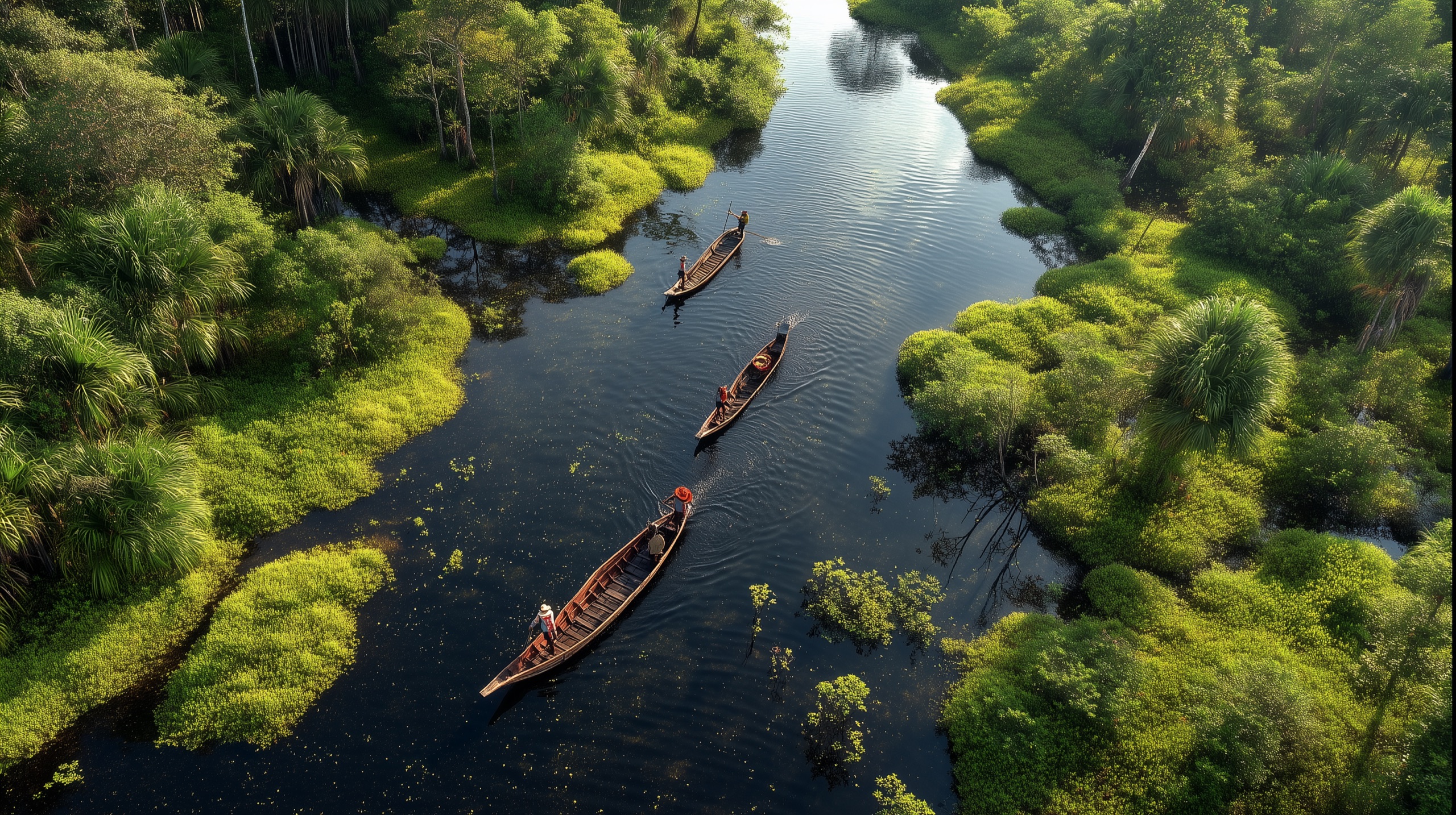 Canoes drifting along a dark river cutting through dense rainforest