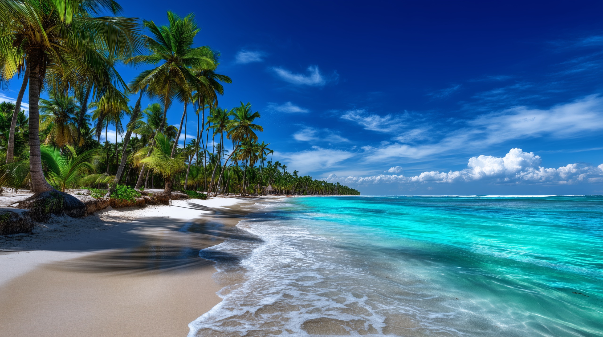 Palm trees leaning over a white sand beach and turquoise Caribbean water