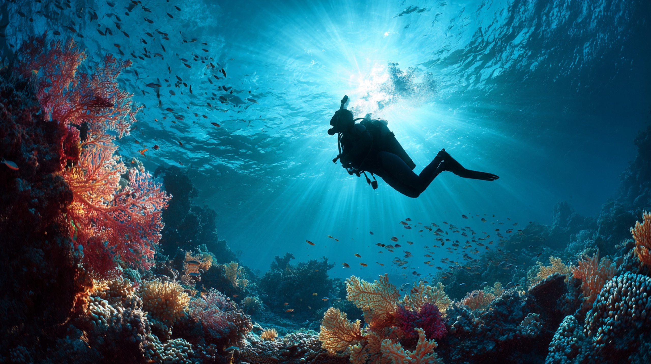 Diver silhouetted against sunlight above a vivid coral reef
