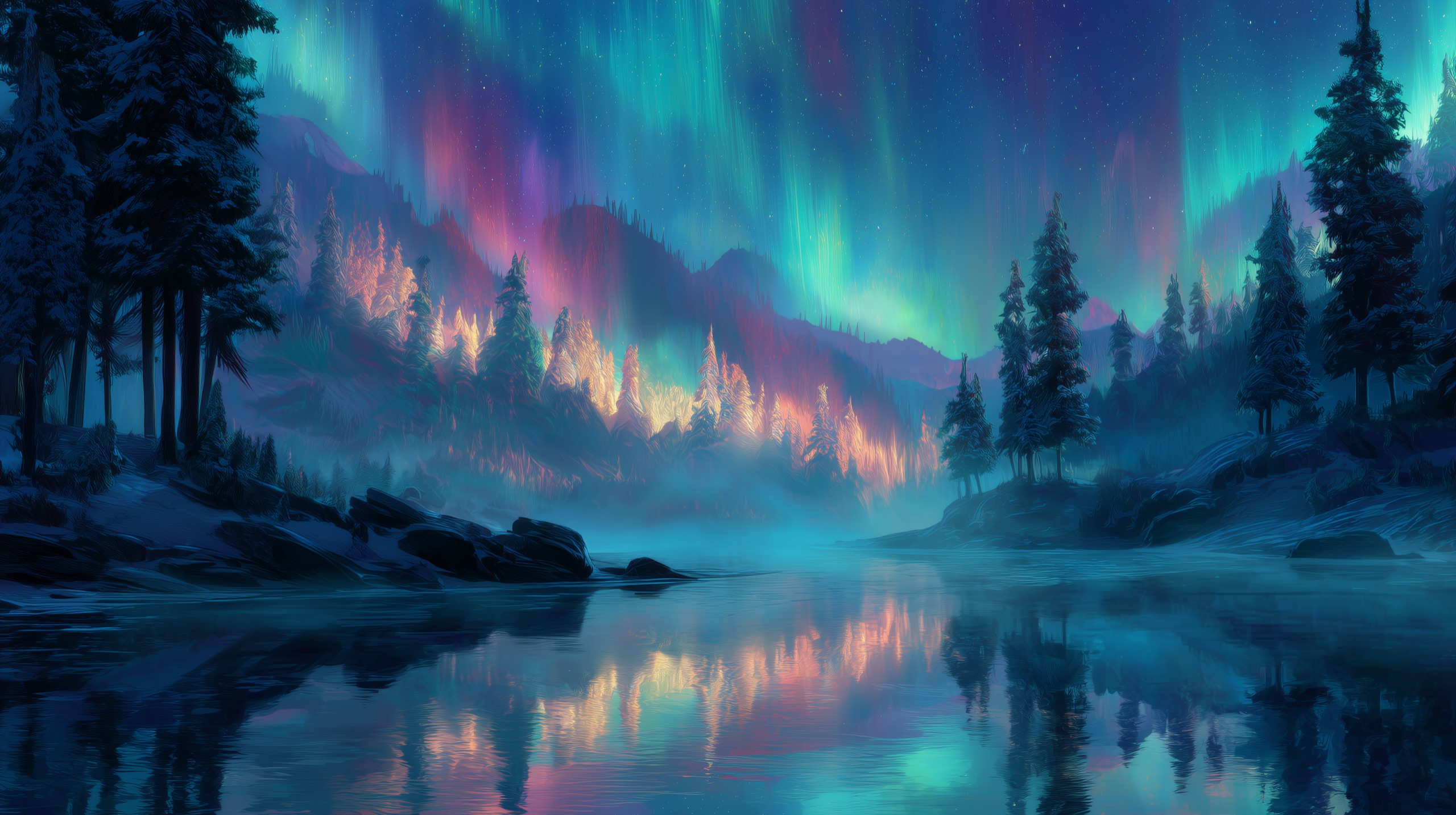 Aurora borealis over a still lake framed by snow-covered pines